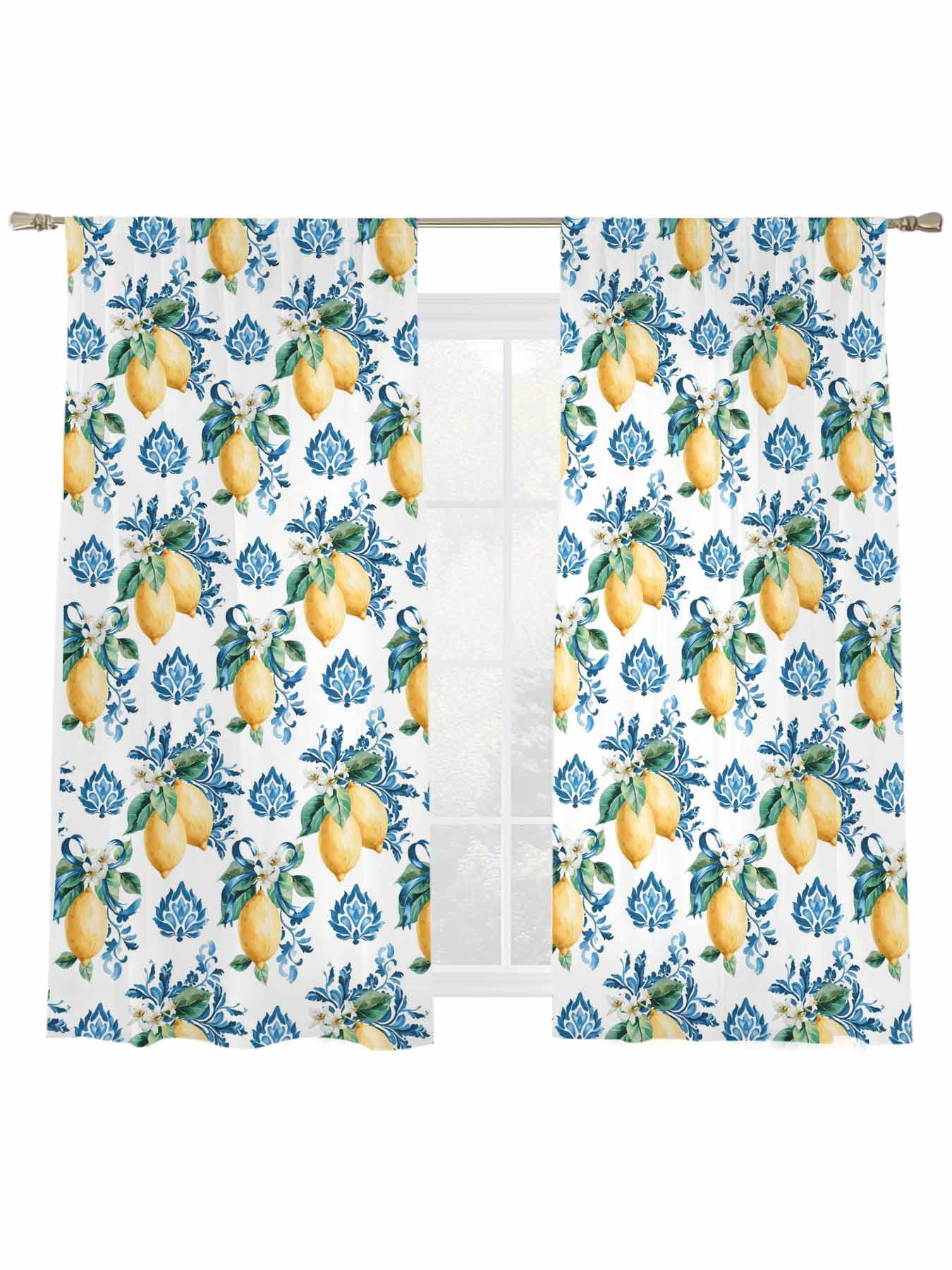 Lemon Texture Sheer Curtains 63 Inch Long 2 Panels, Watercolor Fruit ...