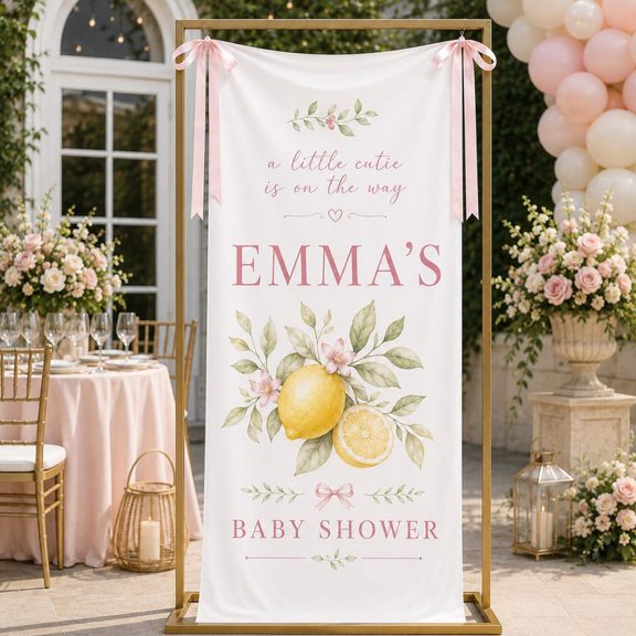 Lemon Theme Fabric Welcome Banner, Custom Name and Date Backdrop, Citrus Party Sign, Ribbon Decor Gift