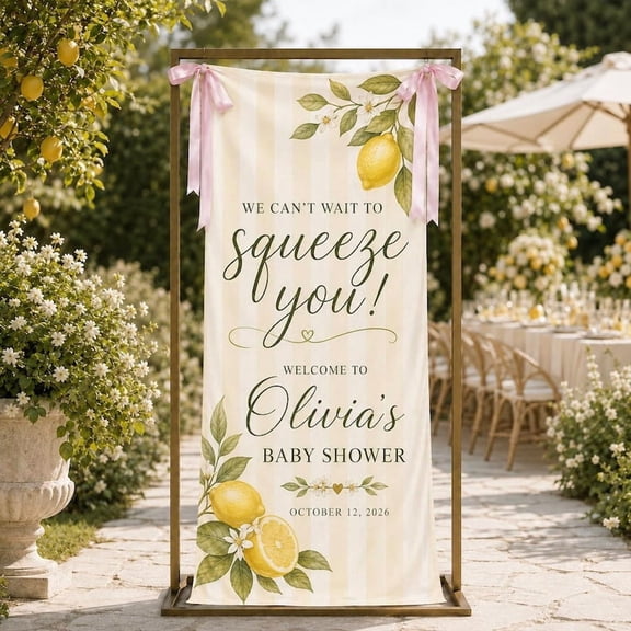 Lemon Theme Fabric Welcome Banner, Personalized Citrus Party Sign, Custom Name and Date Backdrop