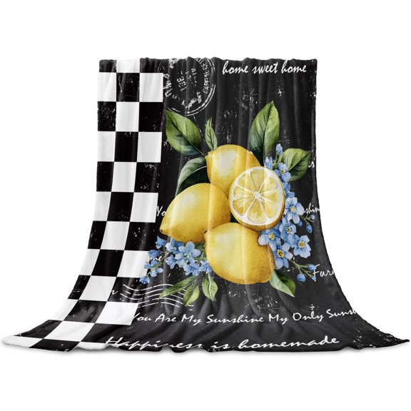 Lemon Throw Blanket for Couch, Soft Lightweight Flannel Fleece Blanket, Spring Summer Black White Checkered Plaid Microfiber Plush All Season Decorative Blankets Gifts for Sofa Office Lap 30"x40"