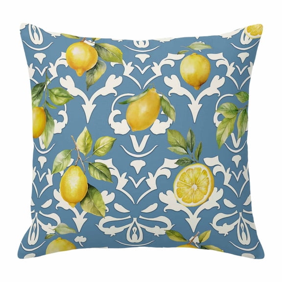 Lemon with Throw Pillow Cover Leaves Floral Pattern Blue Cotton Linen Cushion Cover Throw Pillow Case with Invisible Zipper for Couch Sofa Bed Chair Car 24x24 Inch