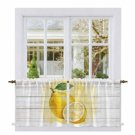 Lemon Tier Curtains 24 Inch Length, Yellow Summer Botanical Watercolor Wooden Cafe Short Curtains for Bathroom Over Sink, Small Kitchen Curtain Light Filtering Tiered Drapes 2 Panels 27.5"Wx24"L