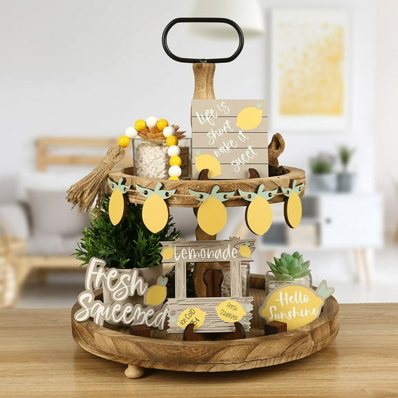 Lemon Tiered Tray Decor Lemon Decorations for Kitchen Lemon Table Decor Summer Lemonade Wooden Signs Rustic Farmhouse Decorative Trays for Home Kitchen Summer Lemon Theme Party Decor