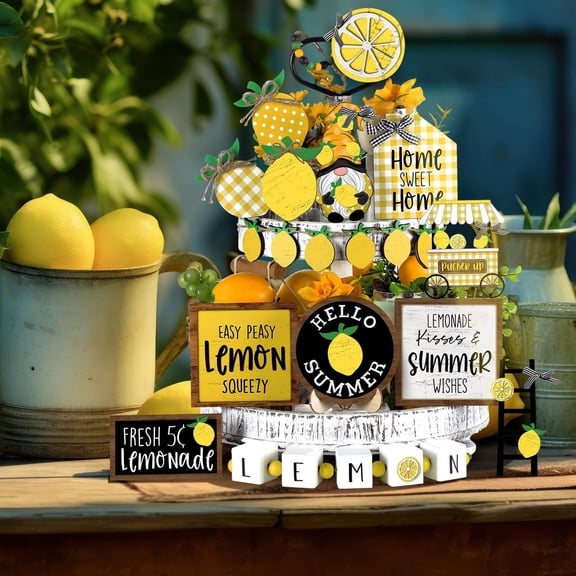 Lemon Tiered Tray Decor Set, Fresh Lemonade Wooden Sign Yellow Rustic Farmhouse Decor, Lemon Wood Blocks Standing Sign Summer Tray Decor for Home Summer Kitchen Table Decoration 4.92 Inch