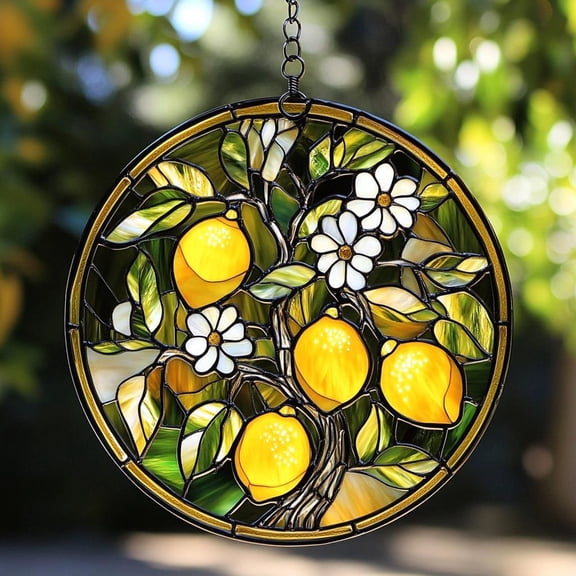 Lemon Tree Acrylic Suncatcher - Faux Stained Glass Citrus Window Hanging with Daisies - Summer Kitchen Decor