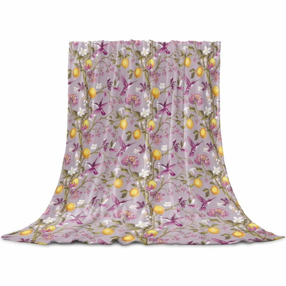 Lemon Tree Birds Flannel Blanket for Bed, Yellow Botanical Pink Floral Soft Cozy Warm Couch Throw Blanket, Lightweight Fluffy Plush Bedding Blankets for Sofa Decor All Season 31.5"x47"