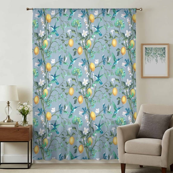 Lemon Tree Birds Sheer Curtains 45 Inches Long, Green Botanical Aqua Floral Blue Light Filering Curtains, Breathable Simi Curtain Privacy Drapes for Kitchen Bathroom Small Window Treatment