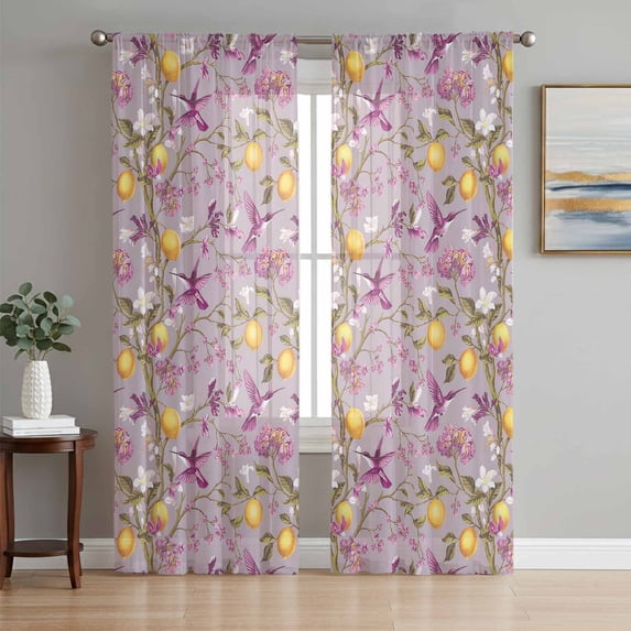 Lemon Tree Birds Sheer Curtains 63 Inch Length 2 Panels Set, Yellow Botanical Pink Floral Voile Window Treatment Rod Pocket Curtains Sheers Drapes for Bedroom/Living Room/Kitchen 52x"63"x2