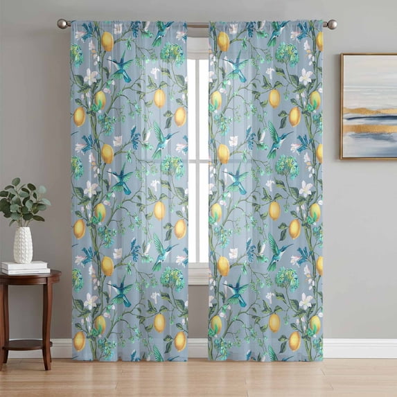 Lemon Tree Birds Sheer Curtains 84 Inch Length 2 Panels Set, Green Botanical Aqua Floral Blue Voile Window Treatment Rod Pocket Curtains Sheers Drapes for Bedroom/Living Room/Kitchen 52"x84"x2
