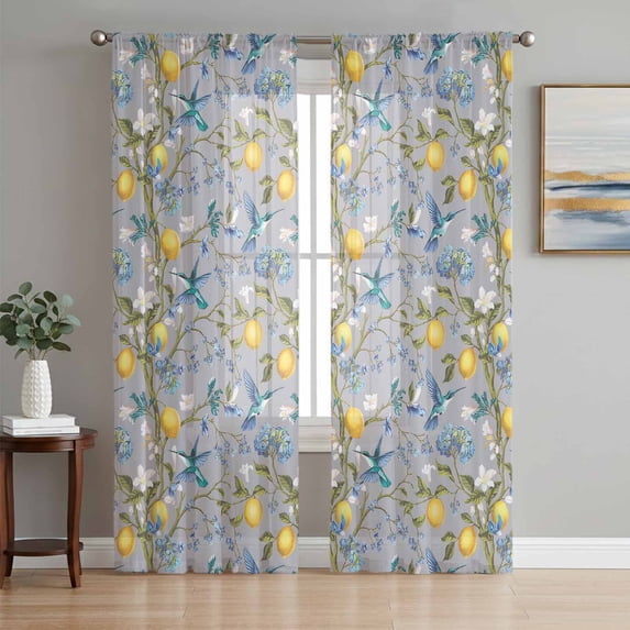Lemon Tree Birds Sheer Curtains 84 Inch Length 2 Panels Set, Green Botanical Blue Floral Voile Window Treatment Rod Pocket Curtains Sheers Drapes for Bedroom/Living Room/Kitchen 52"x84"x2