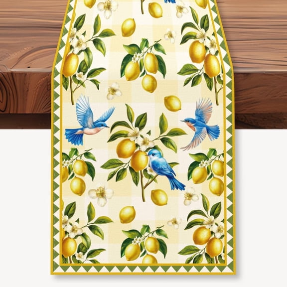 Lemon Tree Birds Table Runner 13x72 Inch Retro Lemon Fruit Birds Farmhouse Kitchen Dining Table Decoration Spring Summer Seasonal Table Runner