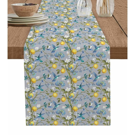 Lemon Tree Birds Table Runner Cotton Linen 60 Inch Holiday Dresser Scarves, Green Botanical Blue Floral Tablerunner for Kitchen Coffee Dining Bedroom Home Living Room Dinner Scarf Décor 13''x60''
