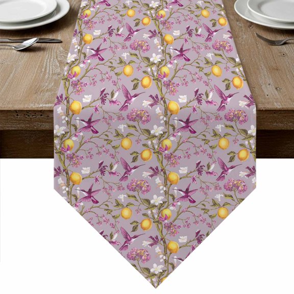 Lemon Tree Birds Table Runner Linen Burlap Table Runner 36 Inches Small Yellow Botanical Pink Floral Dresser Scarves for Kitchen Island Coffee Dining Room Party Wedding Banquet Holiday Decor 13"x36"