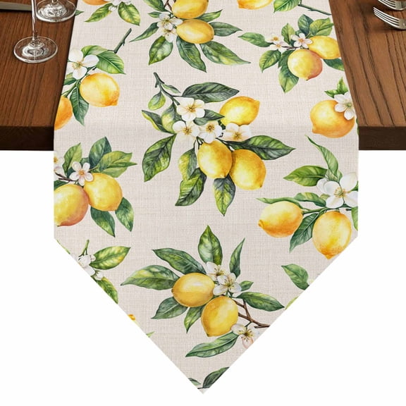 Lemon Tree Branches Table Runner for Dining Room, Farmhouse Summer White Floral Rustic Linen Cotton Linen Dining Table Runner Tablecloth Dresser Scarves for Kitchen Cafe 13x60 Inches Long