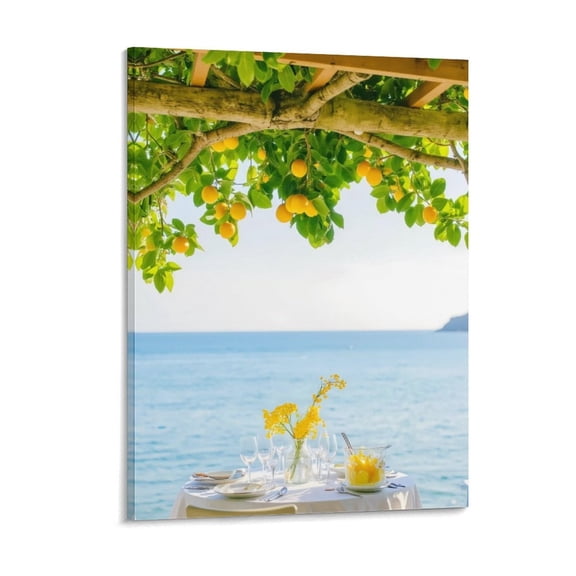 Lemon Tree Canvas Wall Art, Mediterranean Coastal Still Life Canvas Print, Flat Printed Artwork for Living Room Kitchen Dining Room Home Decor