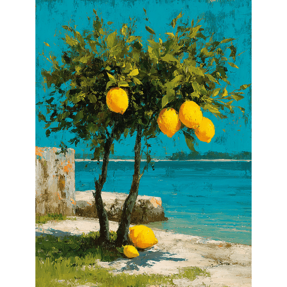 Lemon Tree Coastal Canvas Art, Azure Sea Beach Scene, Living Room Dining Room Decor & Mother's Day Gift