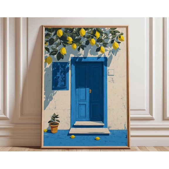 Lemon Tree Doorway Blue Door Wall Art Print, Unframed Paper Poster 8x10in