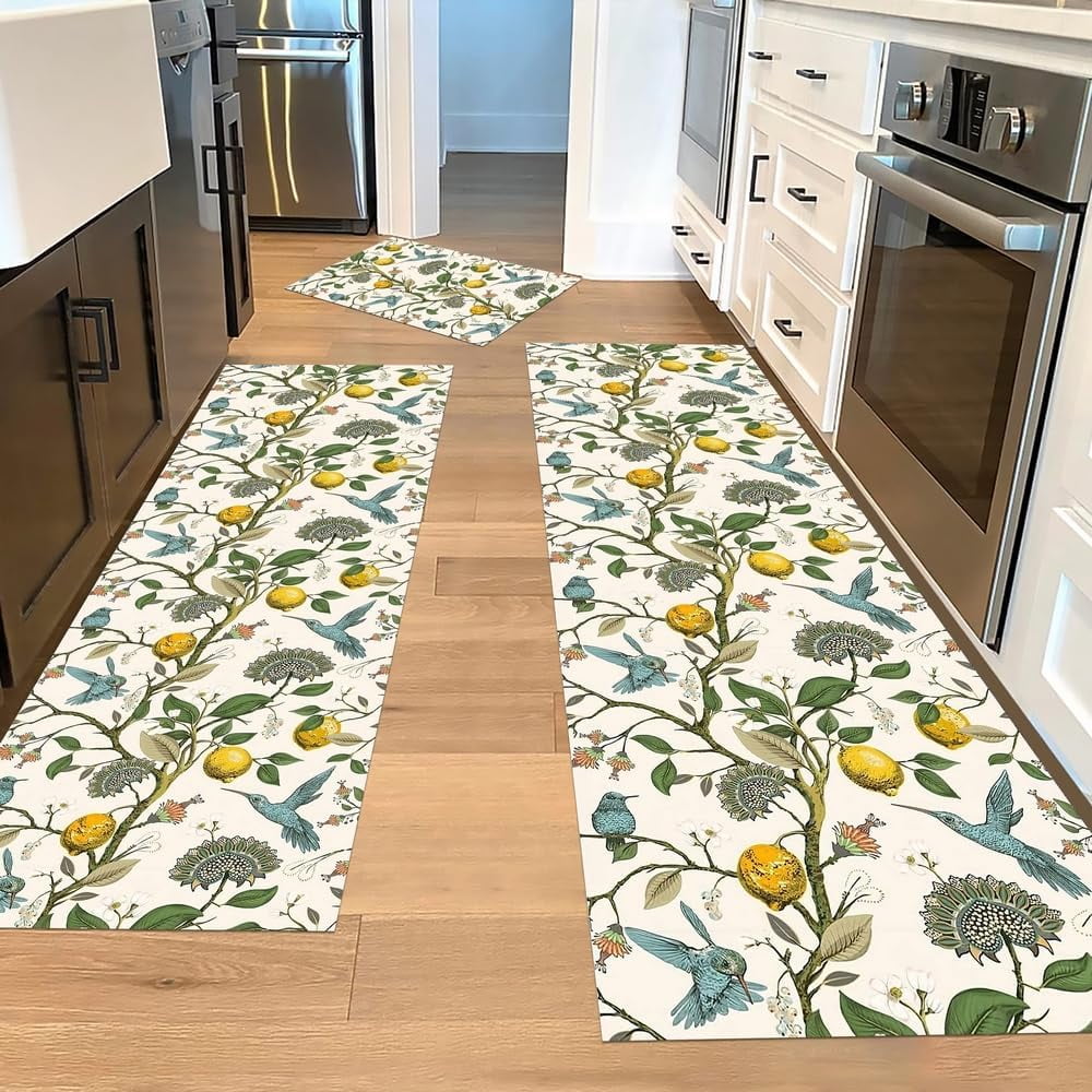 Lemon Tree Floral Hummingbird Kitchen Rugs Sets of 3,Non Slip Rubber Kitchen Mats for Floor Farmhouse Washable Kitchen Area Rugs Floor Carpet Runners for Hallway Laundry Room,Yellow/Green