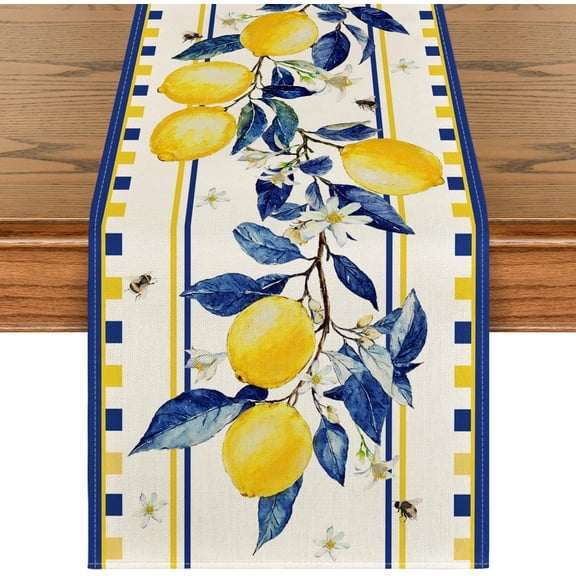 Lemon Tree Flower Bee Summer Table Runner, Seasonal Holiday Kitchen Dining Table Decoration for Home Party Indoor 13x108 Inch