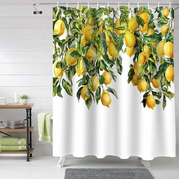 Lemon Tree Summer Shower Curtain, Yellow Green Shower Curtain Set with Hooks, Spring Summer Waterproof Fabric Shower Curtains for Bathroom Decor, 72x72 Inch Bath Curtain