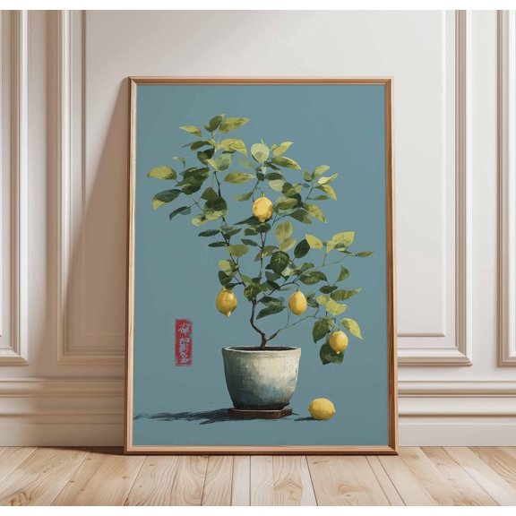 Lemon Tree Wall Art, Japanese Style Fruit Poster, Potted Lemon Plant Print, Citrus Kitchen Decor, Zen Botanical Artwork, Poster Only