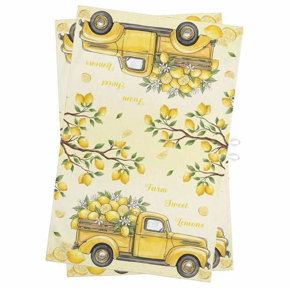Lemon Truck Kitchen Towels Set of 2, Water Absorbent Dish Towel, Summer Tropical Lemon Fruits Yellow Decorative Hand Towels - Quick Drying Cloth for Cooking Baking, 18x28 Inch