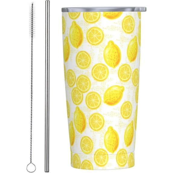 Lemon Tumbler 20oz Fruit Stainless Steel Insulated Tumblers with Lid and Straw Fruits Travel Coffee Mug Tea Wine Cups Water Bottle Lemon Gifts for Women