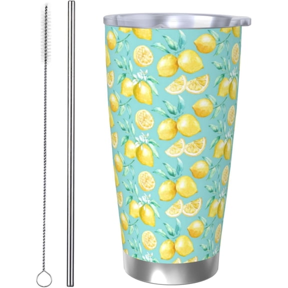 Lemon Tumbler 20oz Fruit Stainless Steel Vacuum Insulated Tumblers with Lid and Straw Mint Green Travel Coffee Mug Tea Wine Cups Water Bottle Gifts for Women