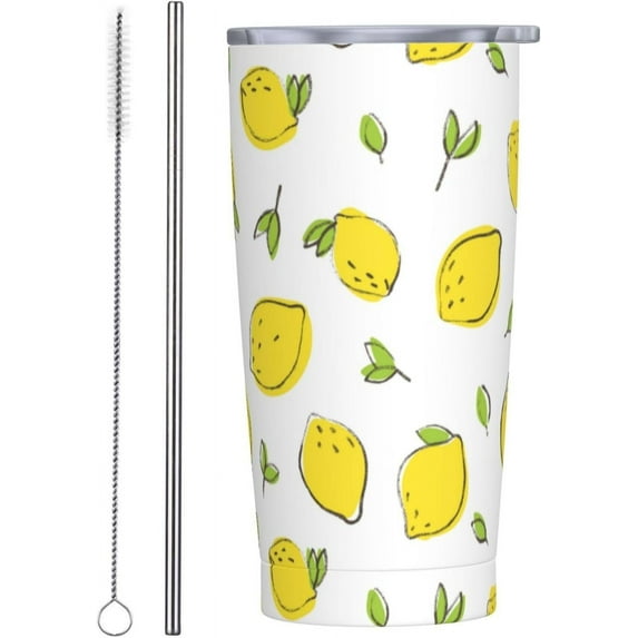 Lemon Tumbler 20oz Green Leaves Stainless Steel Insulated Tumblers with Lid and Straw Travel Coffee Mug Tea Wine Cups Water Bottle Sport Gifts for Women