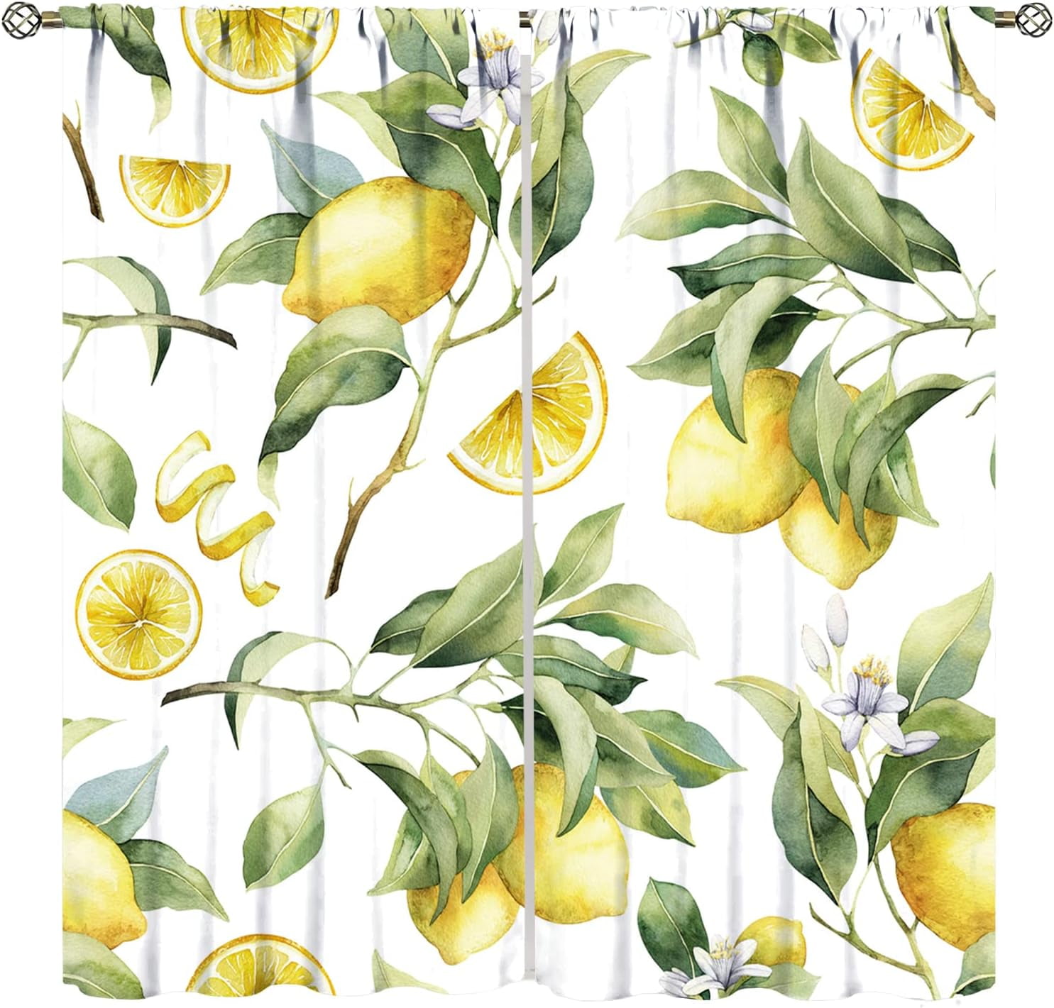 Lemon Twig Curtains, Exotic Yellow Lemon Twig Hand Painted Citrus Theme Blackout Window Curtains, Living Room Bedroom Dining Room 2 Sets of Panels, 52x84 in.