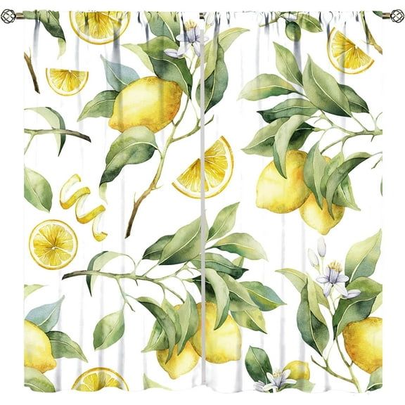 Lemon Twig Curtains, Exotic Yellow Lemon Twig Hand Painted Citrus Theme Blackout Window Curtains, Living Room Bedroom Dining Room 2 Sets of Panels, 52x84 in.
