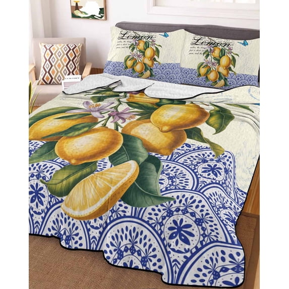 Lemon Twin XL Size Down Alternative Comforter,Lightweight Comforter Quilt Bedding Set with Pillow Shams Summer Vintage Yellow Fruits Italy Blue Textured All Seasons Bed Comforter Duvet Insert 68"x98"
