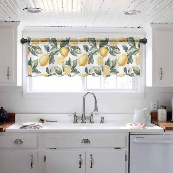 Lemon Valance Curtains for Kitchen/Living Room/Bathroom/Bedroom Window, Summer Yellow Fruit Country Spring Leaf Plant Rod Pocket Small Topper Half Short Window Curtains Voile Sheer Scarf 42"x12"