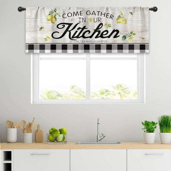 Lemon Valance for Windows Rustic Lemon Curtains for Kitchen 52Wx18H Inch Rod Pocket Farmhouse Lemon Kitchen Decor Wood Black White Buffalo Plaid Country Small Window Drapes Fabric 1 Panel