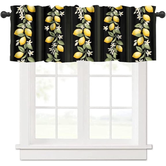 Lemon Valances Curtain for Kitchen Cafe, Lemon Citrus Black Green Stripes Background Window Treatment Valances Short Curtains Rod Pocket Drape for Dining Room Home Farmhouse Decor, 54x18inch