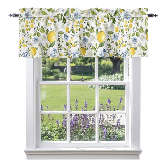 Lemon with Valances for Windows, Green Leaf Blooming Floral Botanical Farm Country Valance Window Treatment Rod Pocket Short Curtains Valances for Kitchen Bathroom 42"W x 12"L