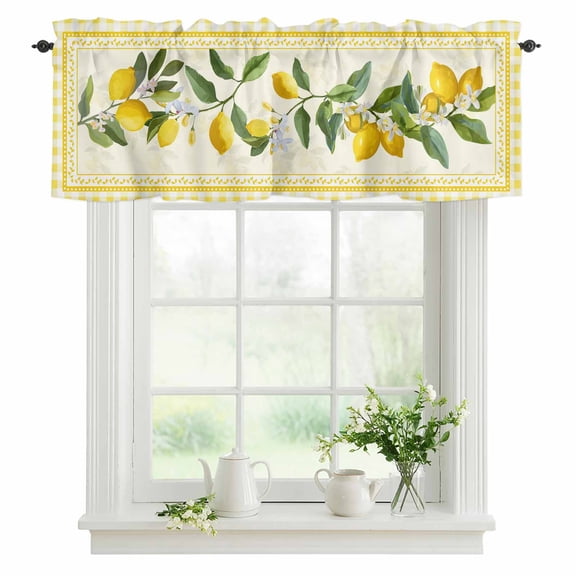 Lemon Valances for Windows, Rod Pocket Kitchen Valance Curtains - Soft & Washable Small Window Treatment for Living Room, Bathroom, Summer Fruit Floral Yellow Buffalo Plaid 42x12inch, 1 Panel