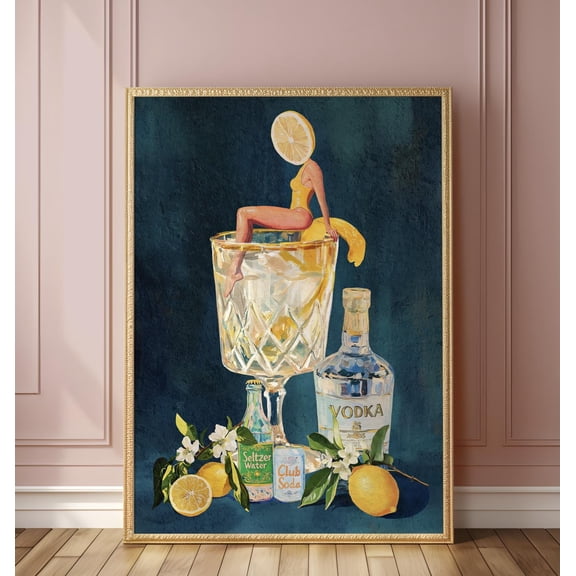 Lemon Vodka Seltzer Art Print: Refreshing Cocktail Wall Poster for Bar Cart & Kitchen Decor , Poster Print Only