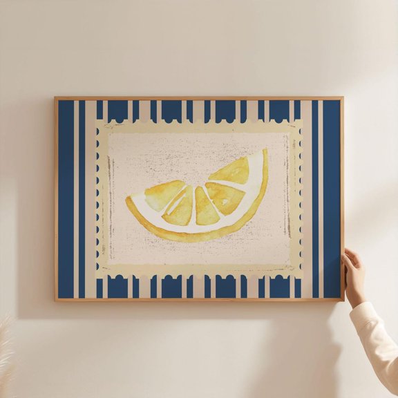 Lemon Wall Art - Horizontal Fruit Kitchen Decor, Navy Yellow Stripped Pattern Unframed Paper Print