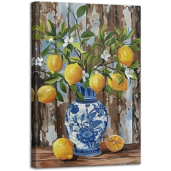 Lemon Wall Art Kitchen Canvas Art Blue Pottery Pictures Yellow Lemon Painting Prints Fruit Poster Rustic Farmhouse Artwork for Dining Room Restaurant Decor Framed(Lemon-2,12.00" x 18.00")