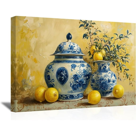 Lemon Wall Art Kitchen Picture Vintage Citrus Fruit Canvas Prints Yellow Lemon with Pottery Blue Classical Painting Rustic Farmhouse Decor Framed (Blue, 12.00" x 18.00")