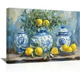 thumbnail image 1 of Lemon Wall Art Kitchen Picture Vintage Citrus Fruit Canvas Prints Yellow Lemon with Pottery Blue Classical Painting Rustic Farmhouse Decor Framed (Blue, 12.00" x 18.00"), 1 of 6