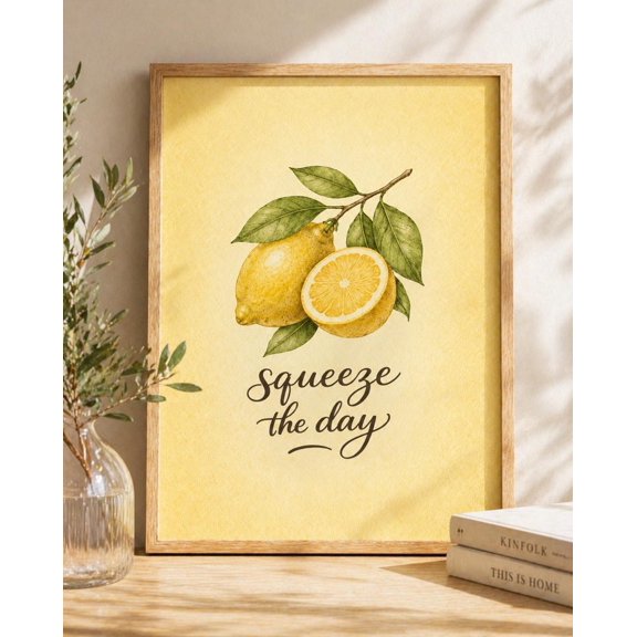 Lemon Wall Art Squeeze The Day Quote Kitchen Decor Botanical Citrus, Unframed Paper Print