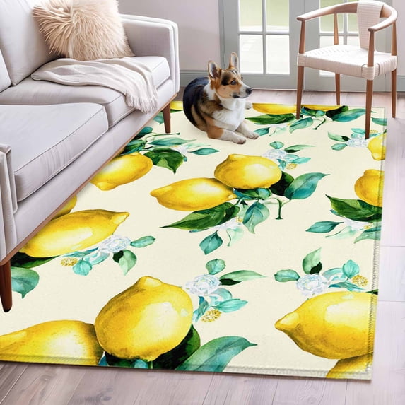 Lemon Washable Area Rugs 3'x5', Oil Painting Country Lemon Leaf Beige Low Pile Throw Living Room Rug Non-Slip Sturdy Edge Binding Carpet for Indoor Entryway Bedside Kitchen