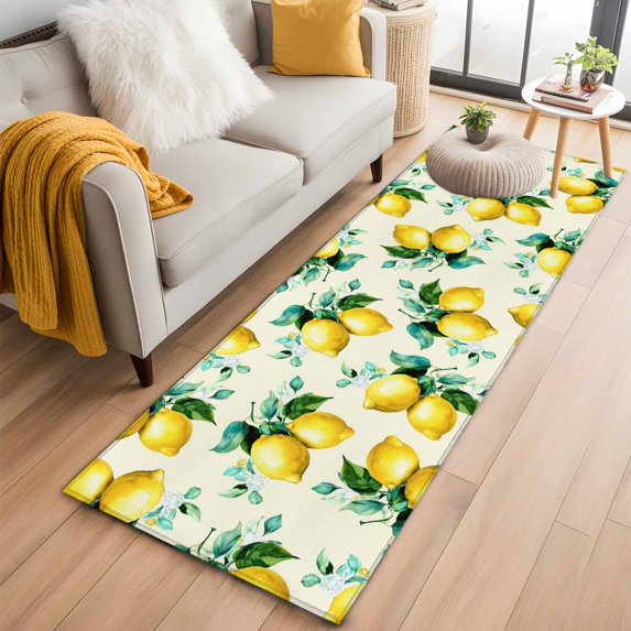 Lemon Washable Runner Rugs 2'x6', Oil Painting Country Lemon Leaf Beige Low Pile Throw Entryway Rug Non-Slip Sturdy Edge Binding Carpet for Indoor Bedside Entrance Bedside