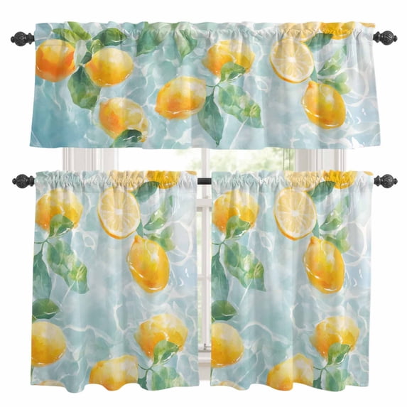 Lemon in Water Kitchen Curtains Valances and Tiers Set of 3 Watercolor Lake Leaf Tier Curtains and Valance with Rod Pocket for Small Windows, 27.5"x24"