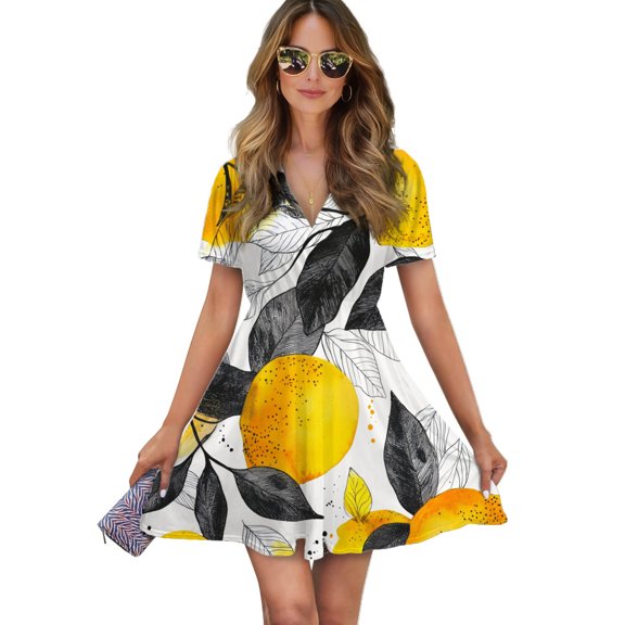 Lemon Watercolor Pattern Women Dress V-Neck Short Sleeve Flowy Swing Party Midi Dress