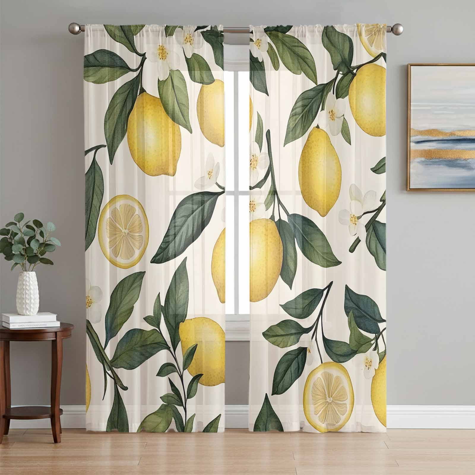 Lemon Watercolor Sheer Curtains 84 Inch Length 2 Panels Set, Summer ...