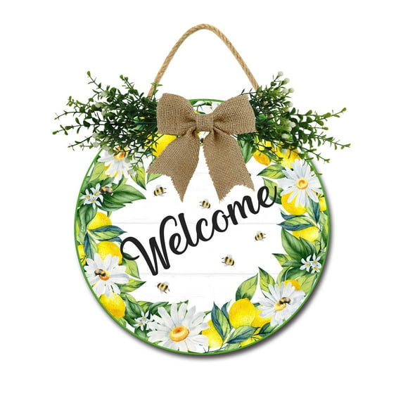 Lemon Welcome Wooden Front Door Sign Rustic Round Wreath Wall Hanger Porch Decor Spring and Summer Farmhouse Decoration Housewarming Gift 12 Inches