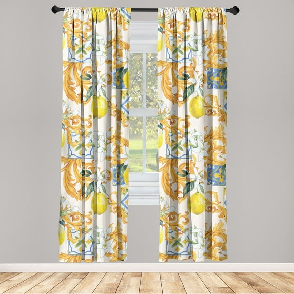 Lemon Window Curtains, Ethnic Mediterranean Inspired Flowers and Citrus Fruit Curlicue, Lightweight Decor 2-Panel Set with Rod Pocket, Pair of - 28"x63", Off White Marigold and Yellow, by Ambesonne